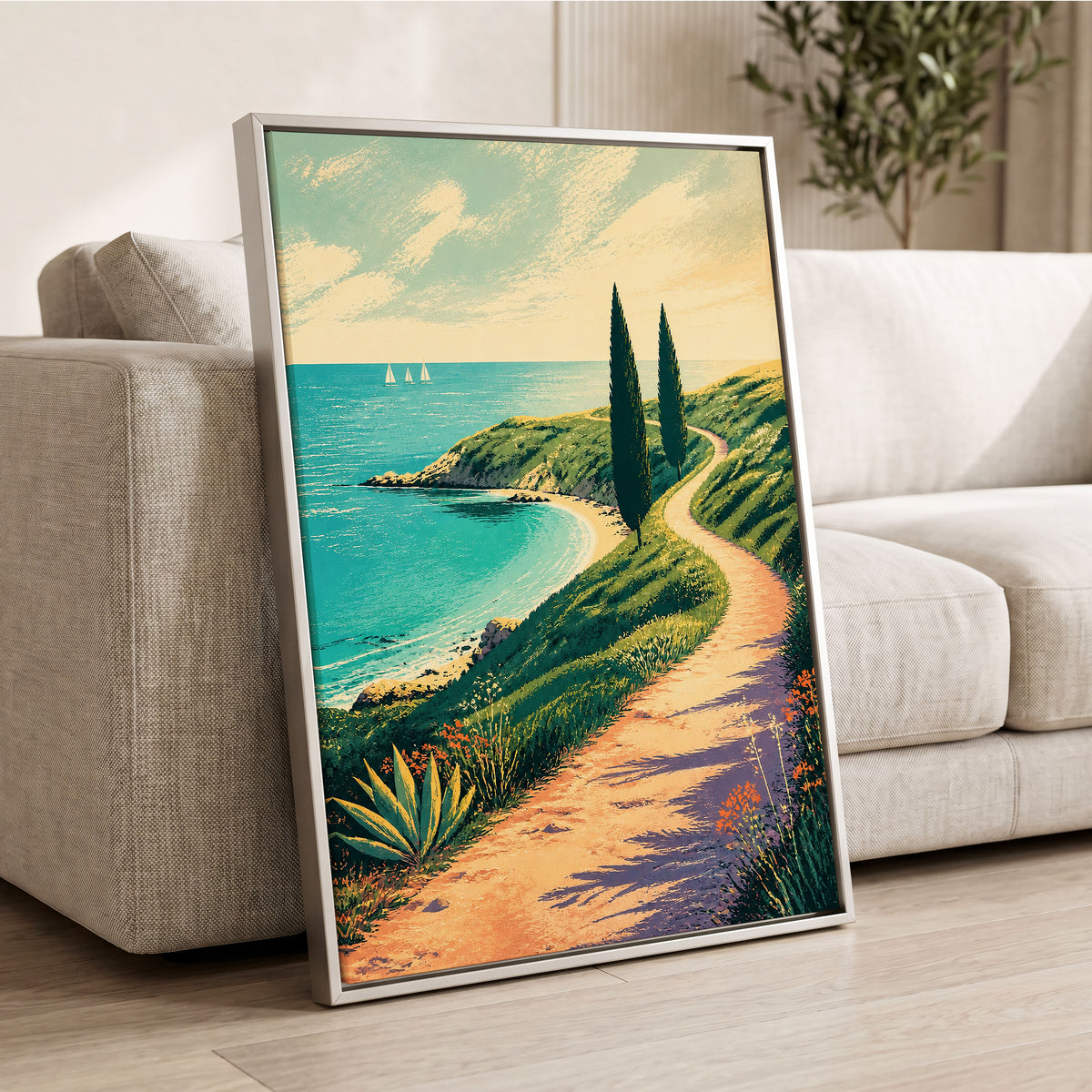 Cypress Cove Reverie, blue, green, beige nature wall art displayed in a styled interior, gallery view 8