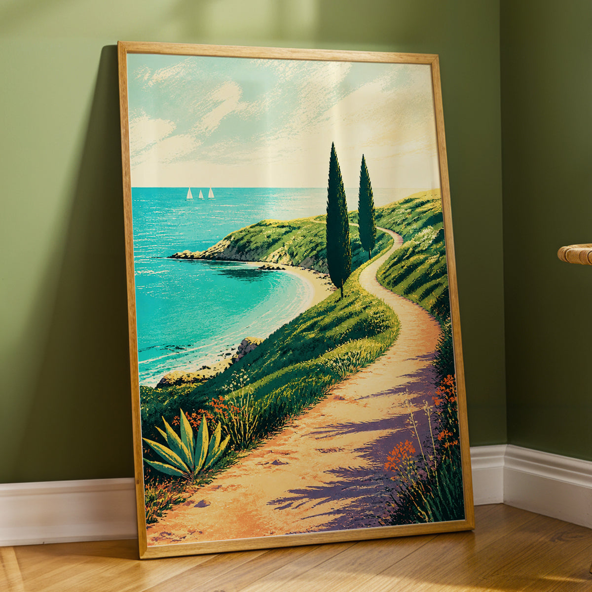 Cypress Cove Reverie, blue, green, beige nature wall art displayed in a styled interior, gallery view 9