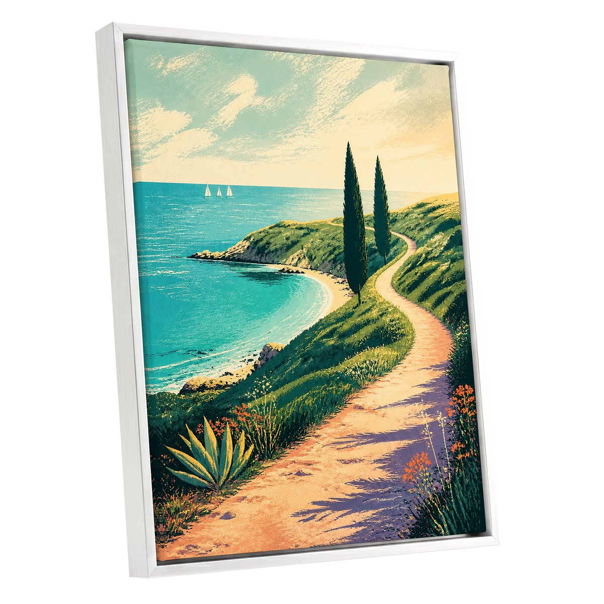 Cypress Cove Reverie, blue, green, beige nature wall art shown as a white framed canvas wall art