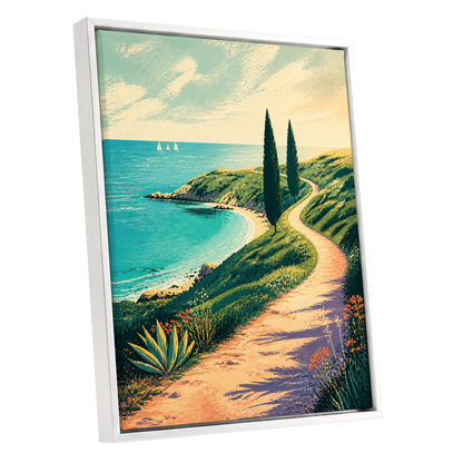 Cypress Cove Reverie, blue, green, beige nature wall art shown as a white framed canvas wall art