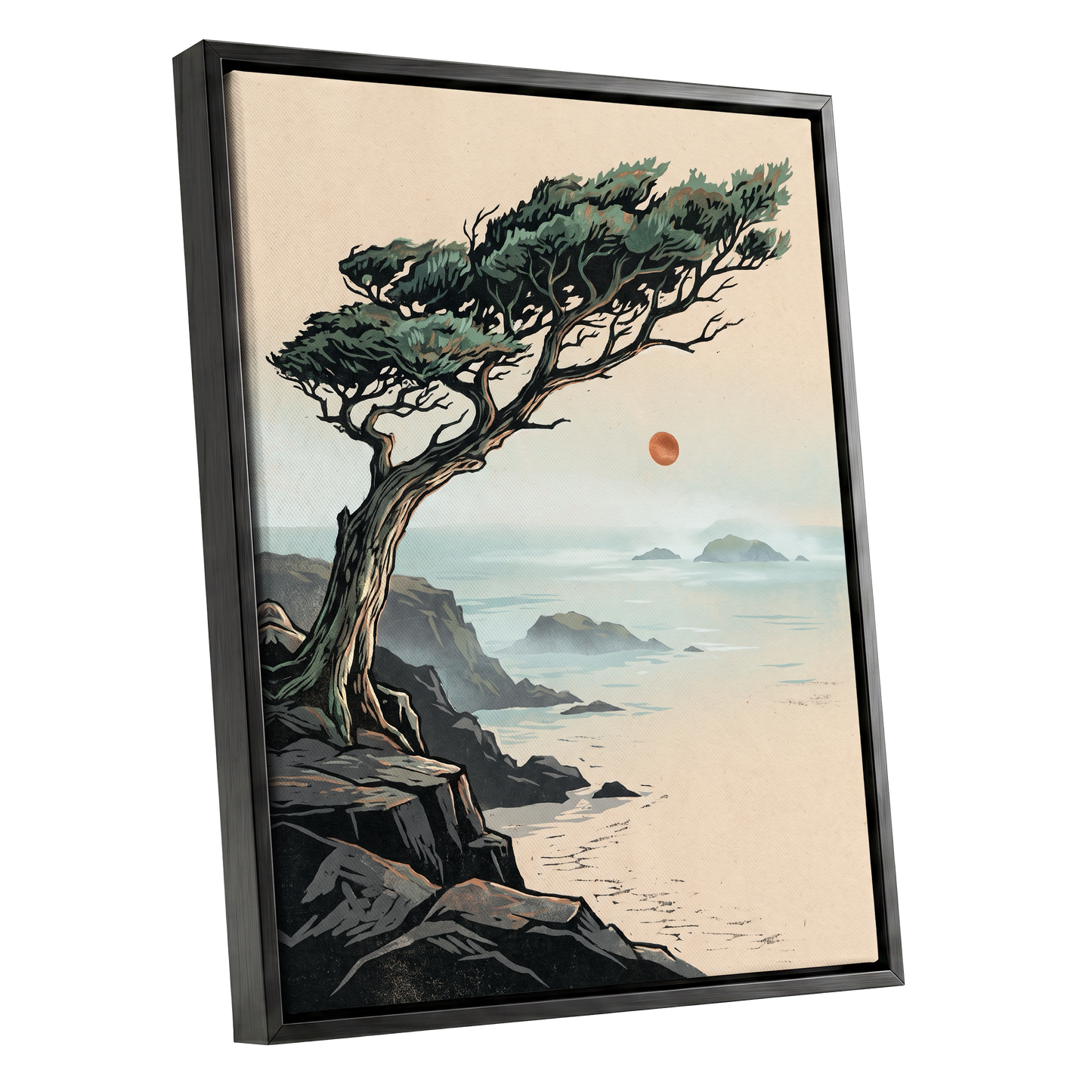 Cypress Over Quiet Seas, black, green, beige nature wall art shown as a black framed canvas wall art