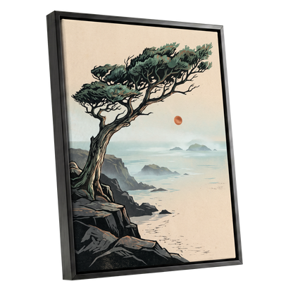 Cypress Over Quiet Seas, black, green, beige nature wall art shown as a black framed canvas wall art