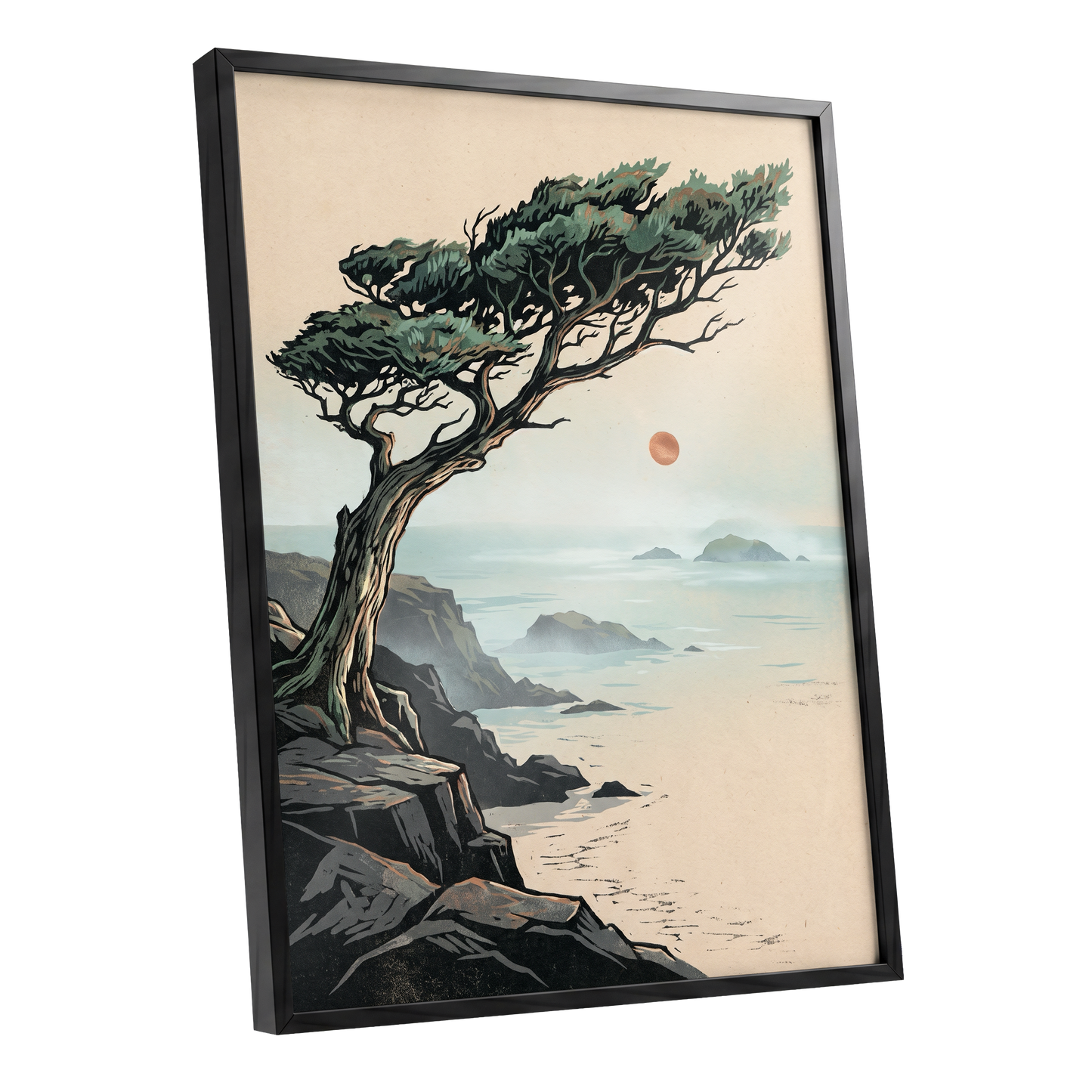 Cypress Over Quiet Seas, black, green, beige nature wall art shown as a black framed poster wall art print