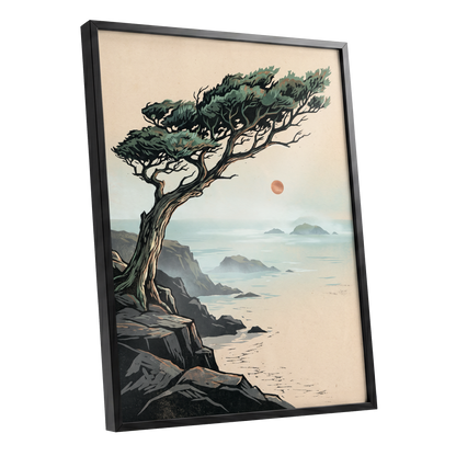 Cypress Over Quiet Seas, black, green, beige nature wall art shown as a black framed poster wall art print