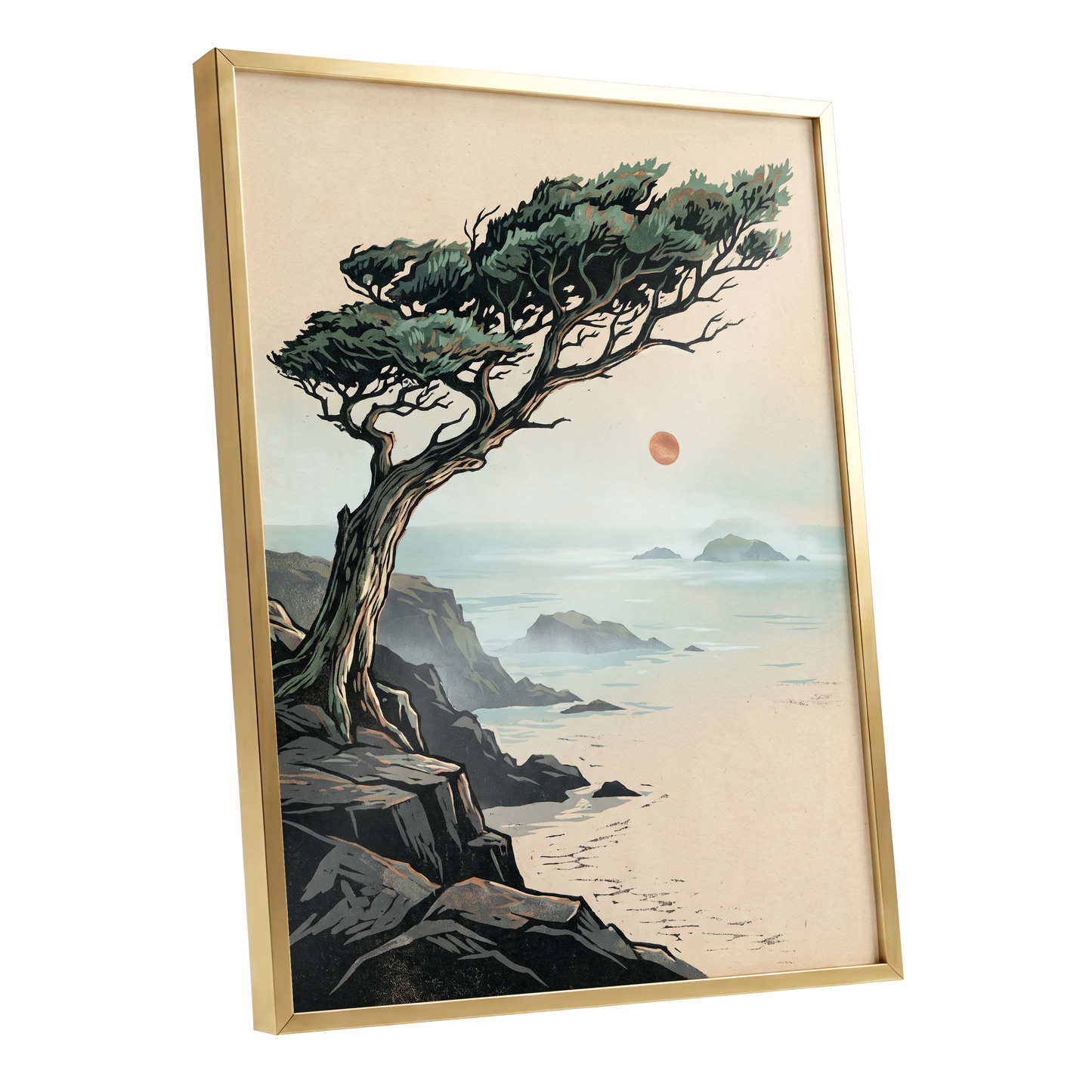 Cypress Over Quiet Seas, black, green, beige nature wall art shown as a gold framed poster wall art print