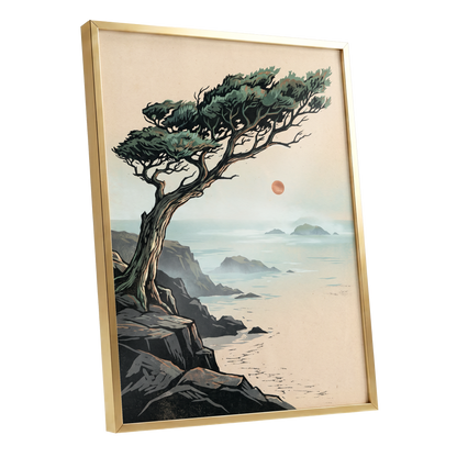 Cypress Over Quiet Seas, black, green, beige nature wall art shown as a gold framed poster wall art print