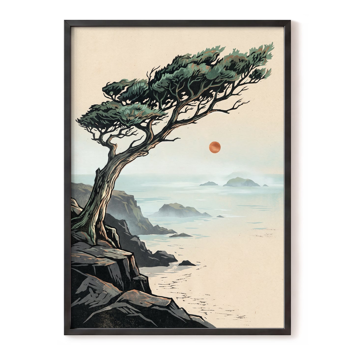 Cypress Over Quiet Seas, black, green, beige nature wall art, front artwork view
