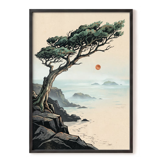 Cypress Over Quiet Seas, black, green, beige nature wall art, front artwork view
