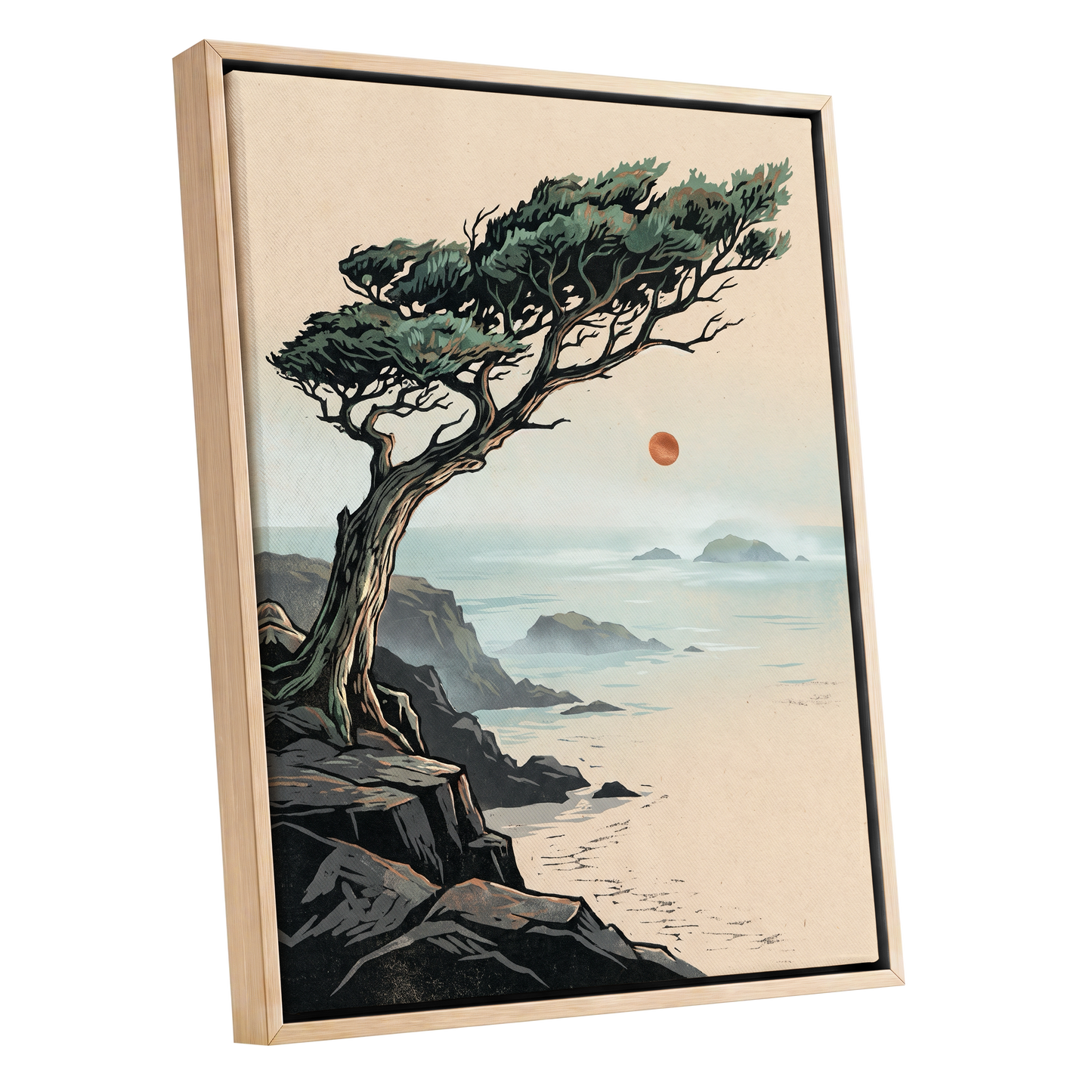 Cypress Over Quiet Seas, black, green, beige nature wall art shown as a oak framed canvas wall art