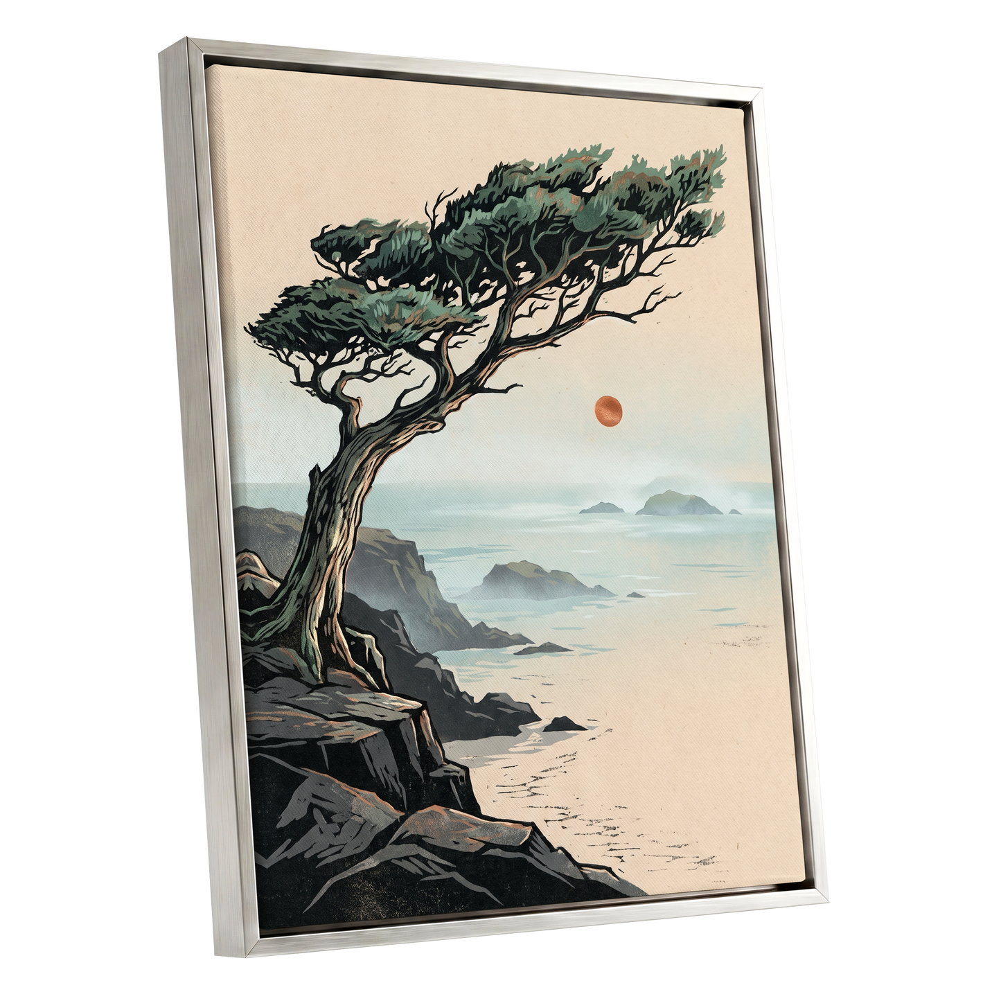 Cypress Over Quiet Seas, black, green, beige nature wall art shown as a silver framed canvas wall art