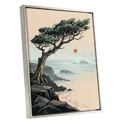 Cypress Over Quiet Seas, black, green, beige nature wall art shown as a silver framed canvas wall art
