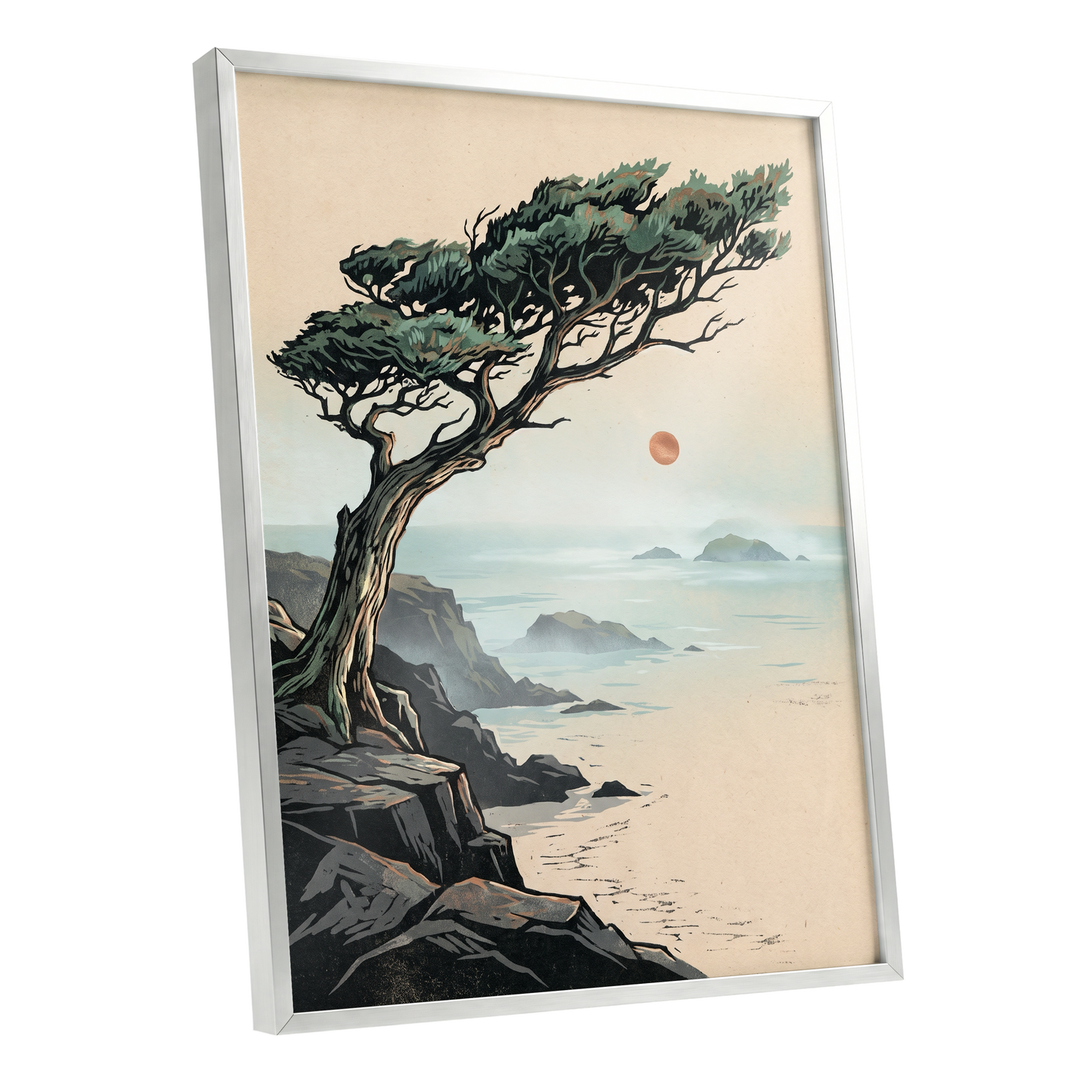 Cypress Over Quiet Seas, black, green, beige nature wall art shown as a silver framed poster wall art print