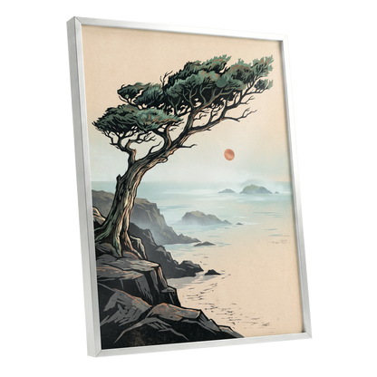 Cypress Over Quiet Seas, black, green, beige nature wall art shown as a silver framed poster wall art print