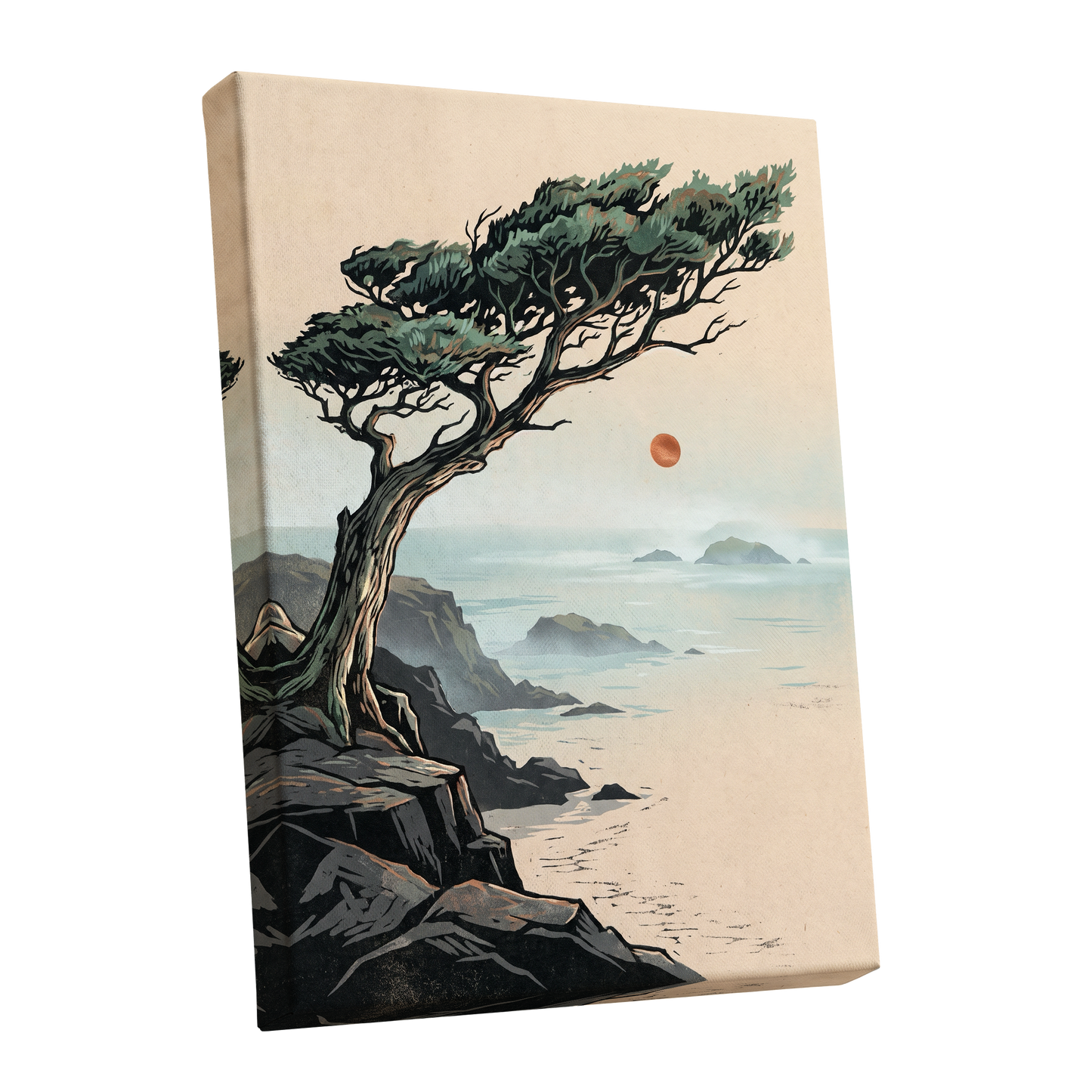 Cypress Over Quiet Seas, black, green, beige nature wall art shown as a stretched canvas wall art
