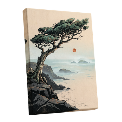 Cypress Over Quiet Seas, black, green, beige nature wall art shown as a stretched canvas wall art