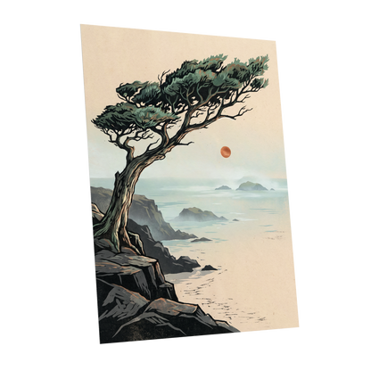 Cypress Over Quiet Seas, black, green, beige nature wall art shown as a unframed poster wall art print