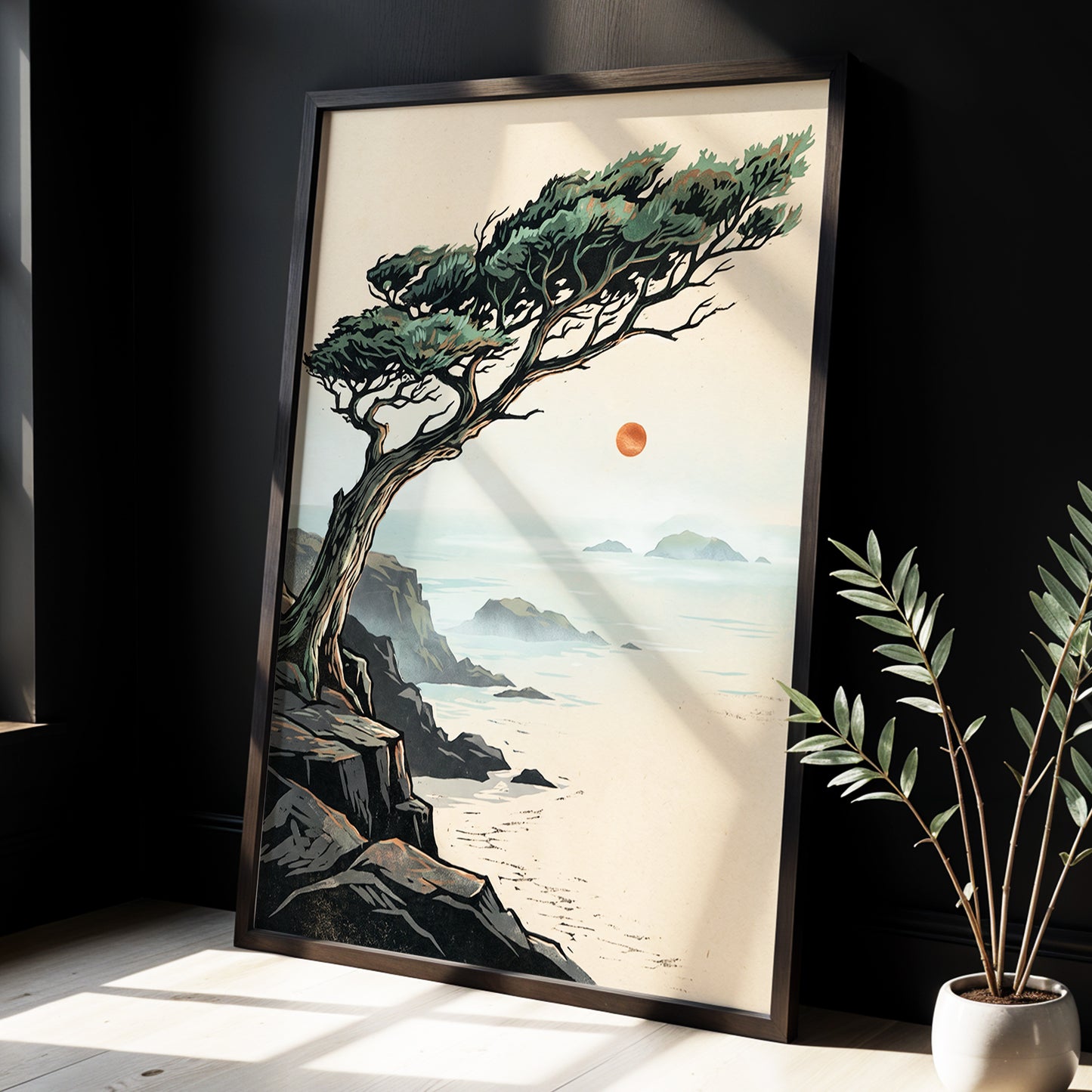 Cypress Over Quiet Seas, black, green, beige nature wall art displayed in a styled interior, gallery view 2