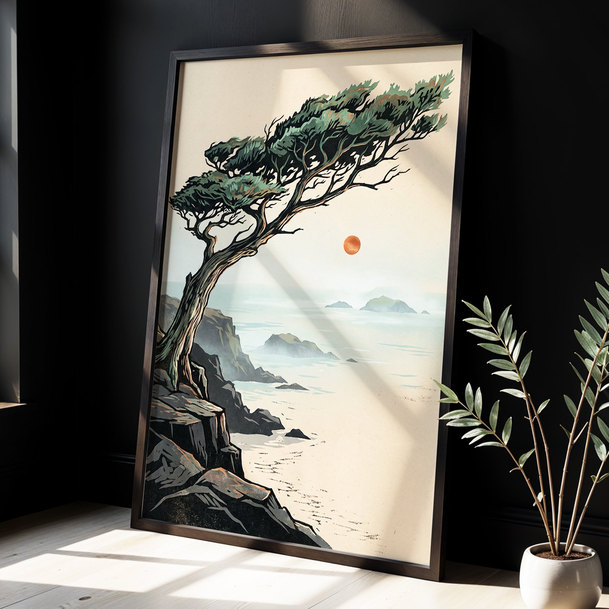 Cypress Over Quiet Seas, black, green, beige nature wall art displayed in a styled interior, gallery view 2