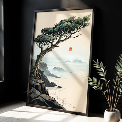 Cypress Over Quiet Seas, black, green, beige nature wall art displayed in a styled interior, gallery view 2