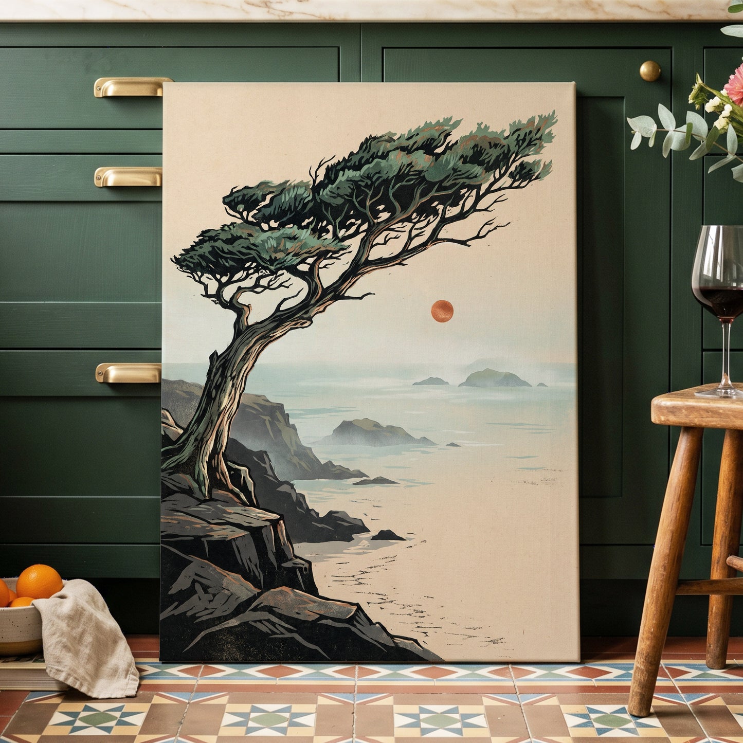Cypress Over Quiet Seas, black, green, beige nature wall art displayed in a styled interior, gallery view 3