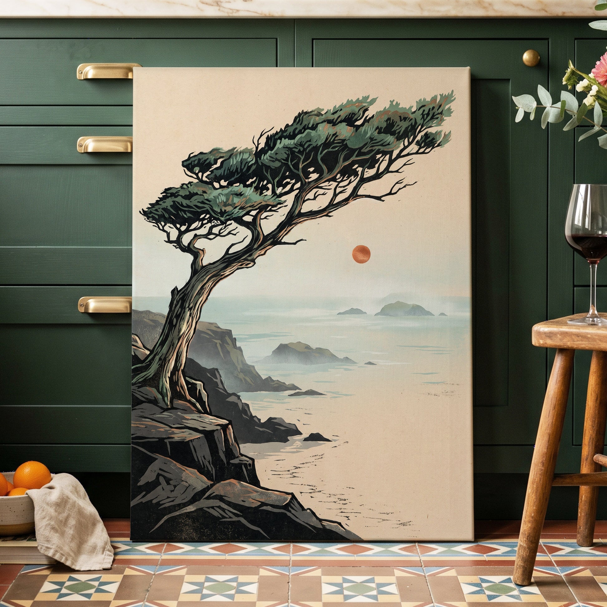 Cypress Over Quiet Seas, black, green, beige nature wall art displayed in a styled interior, gallery view 3