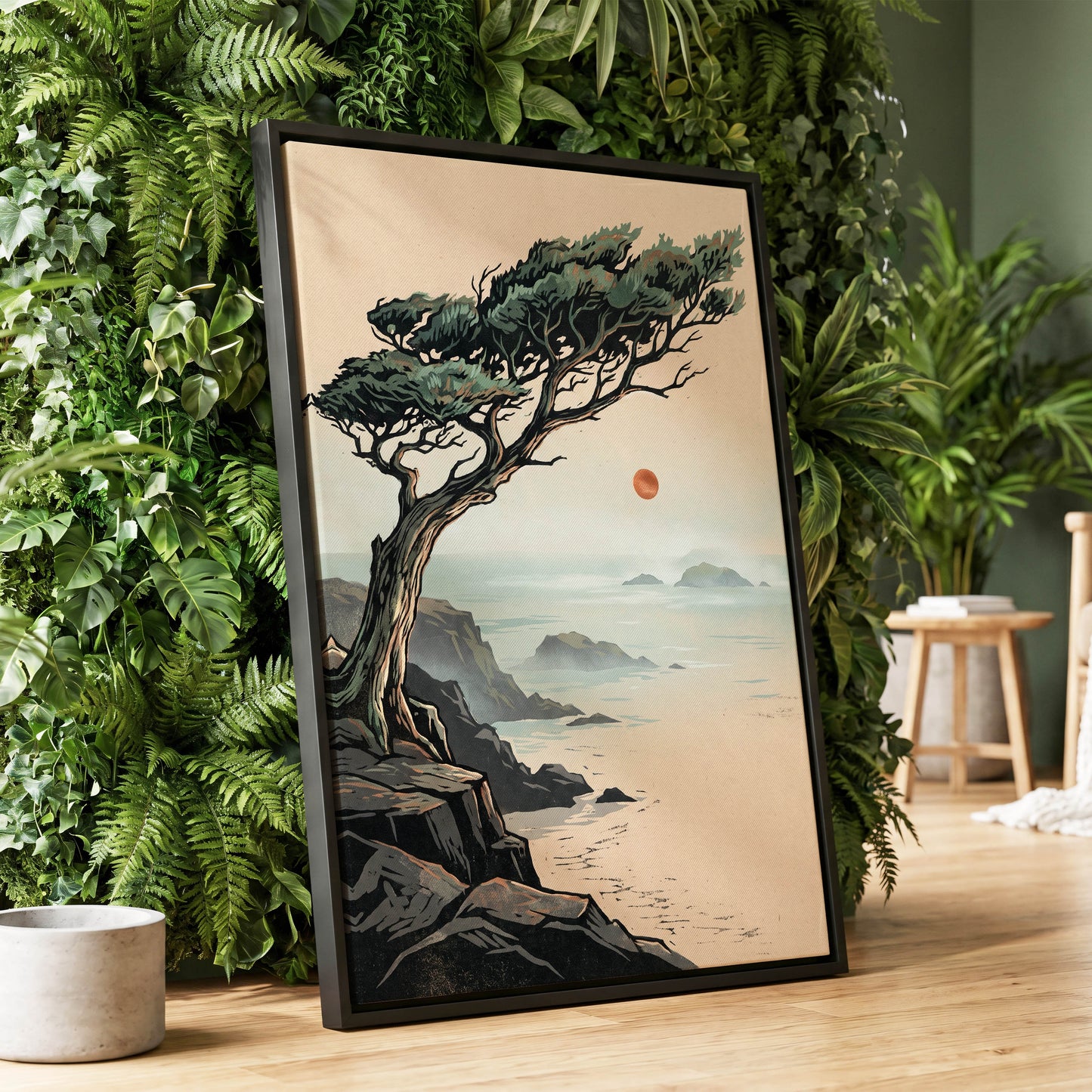 Cypress Over Quiet Seas, black, green, beige nature wall art displayed in a styled interior, gallery view 4