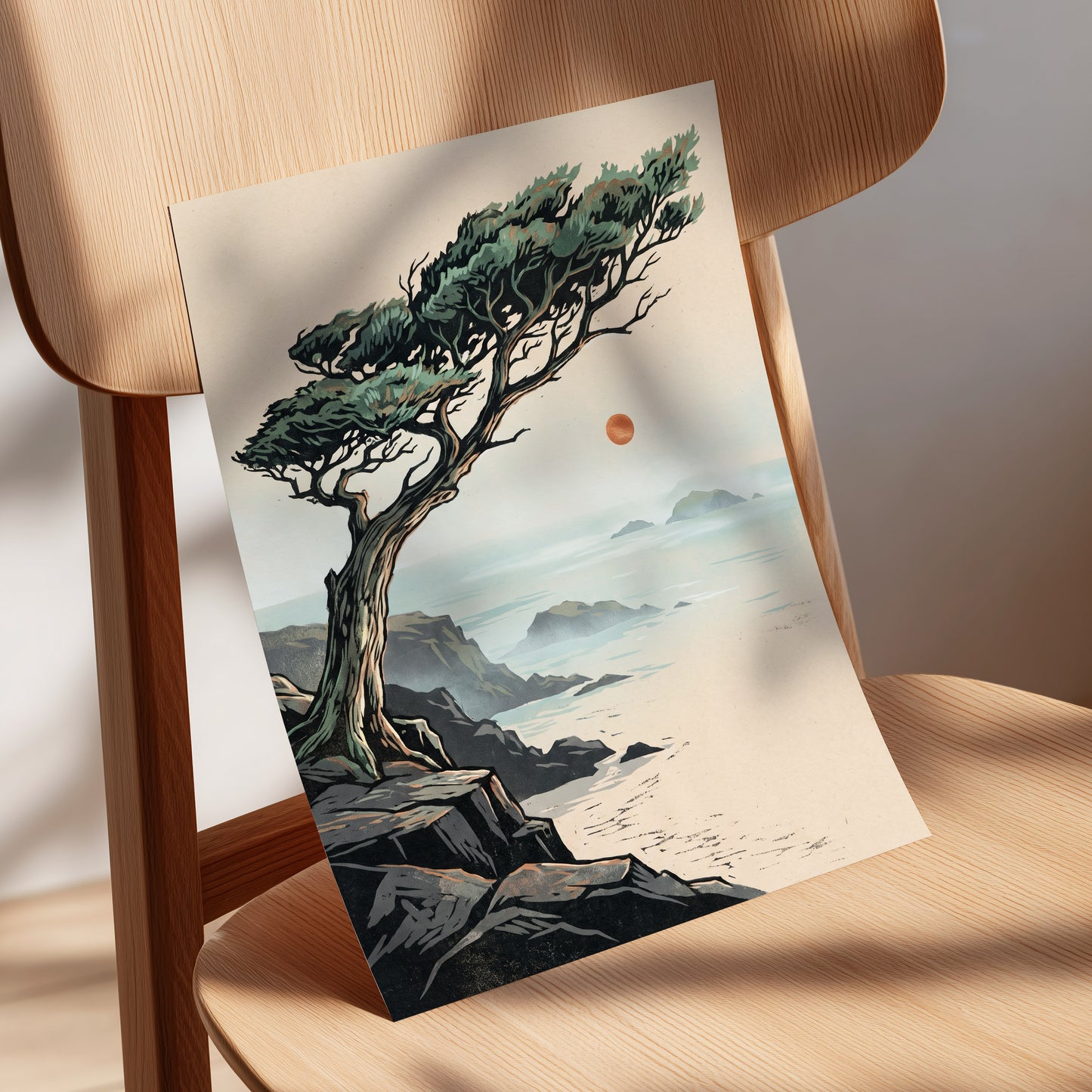 Cypress Over Quiet Seas, black, green, beige nature wall art displayed in a styled interior, gallery view 5