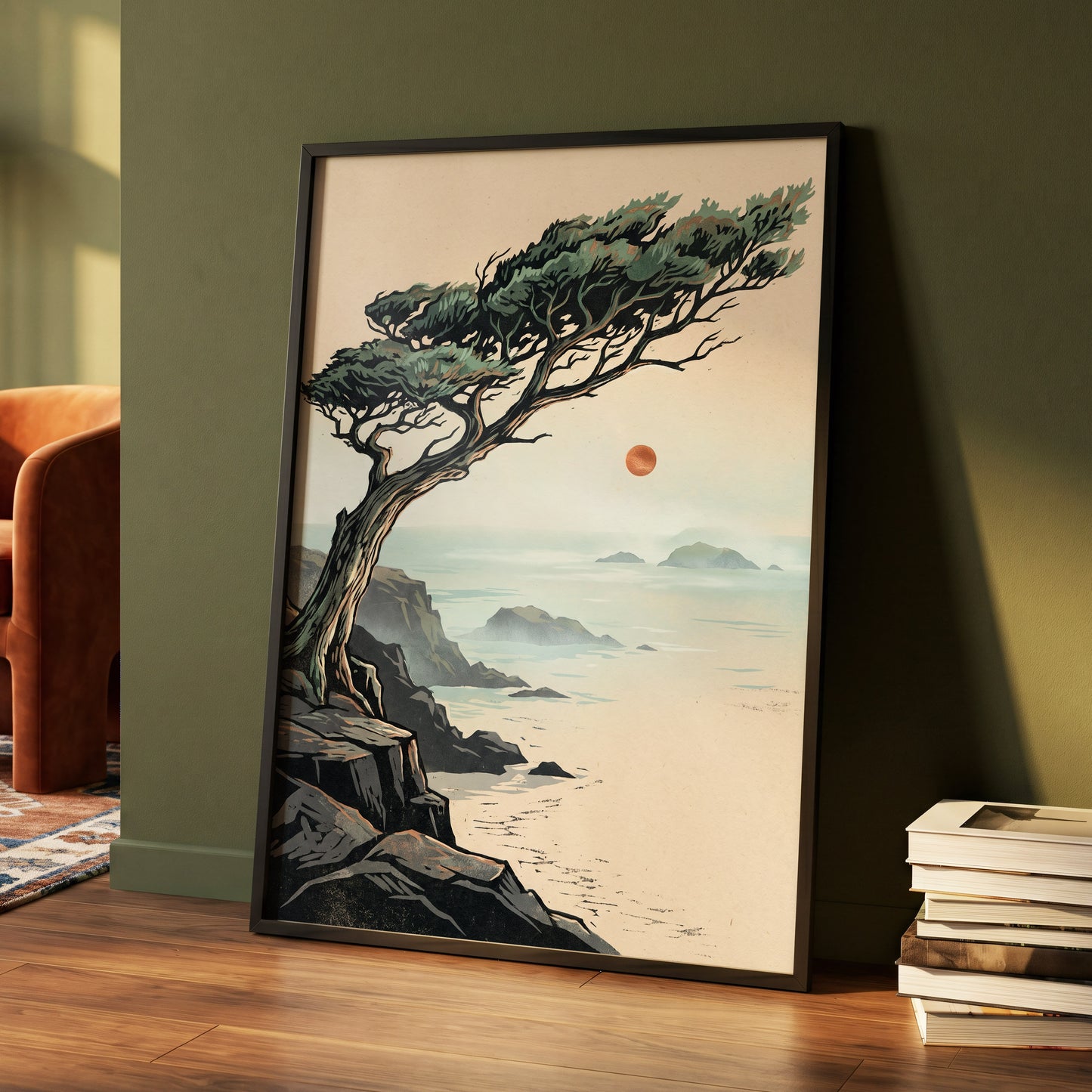 Cypress Over Quiet Seas, black, green, beige nature wall art displayed in a styled interior, gallery view 6