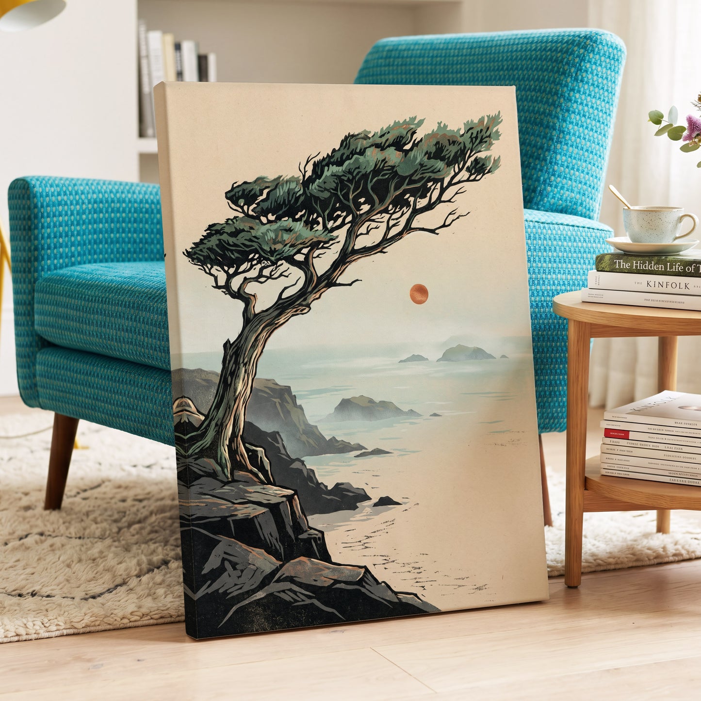 Cypress Over Quiet Seas, black, green, beige nature wall art displayed in a styled interior, gallery view 7