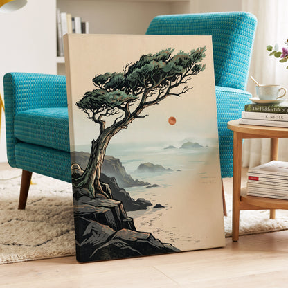 Cypress Over Quiet Seas, black, green, beige nature wall art displayed in a styled interior, gallery view 7