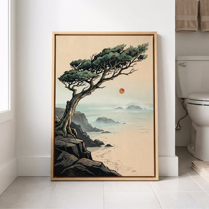 Cypress Over Quiet Seas, black, green, beige nature wall art displayed in a styled interior, gallery view 8