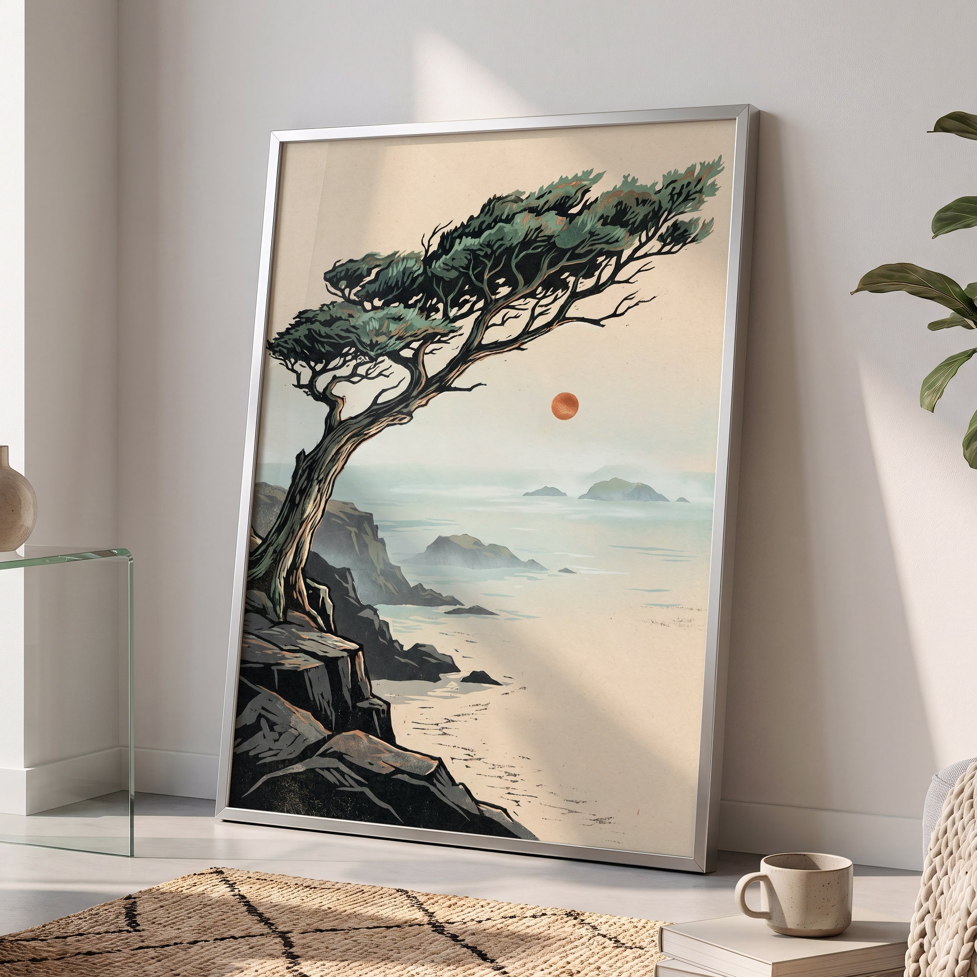 Cypress Over Quiet Seas, black, green, beige nature wall art displayed in a styled interior, gallery view 9