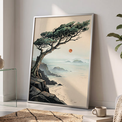 Cypress Over Quiet Seas, black, green, beige nature wall art displayed in a styled interior, gallery view 9