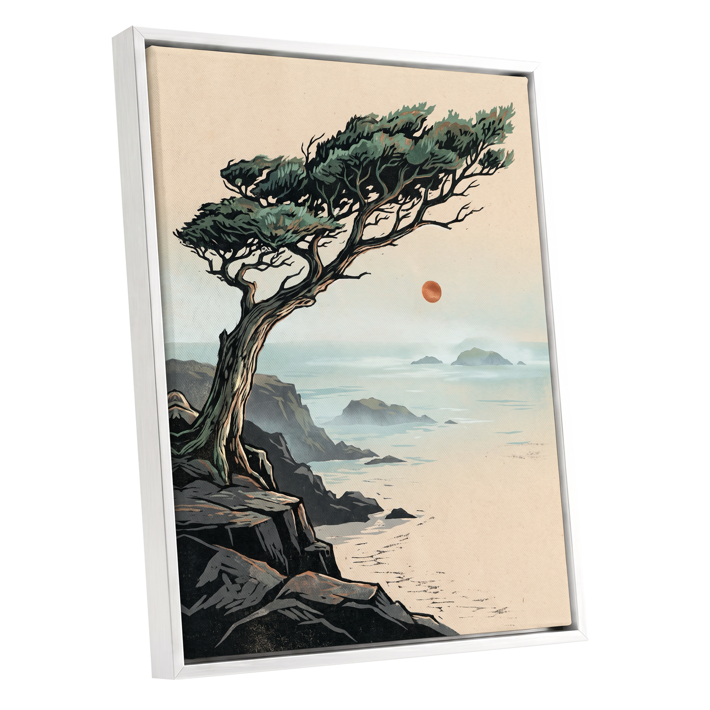 Cypress Over Quiet Seas, black, green, beige nature wall art shown as a white framed canvas wall art
