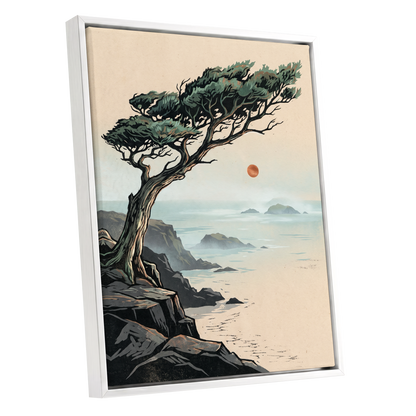 Cypress Over Quiet Seas, black, green, beige nature wall art shown as a white framed canvas wall art