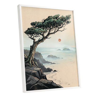 Cypress Over Quiet Seas, black, green, beige nature wall art shown as a white framed poster wall art print
