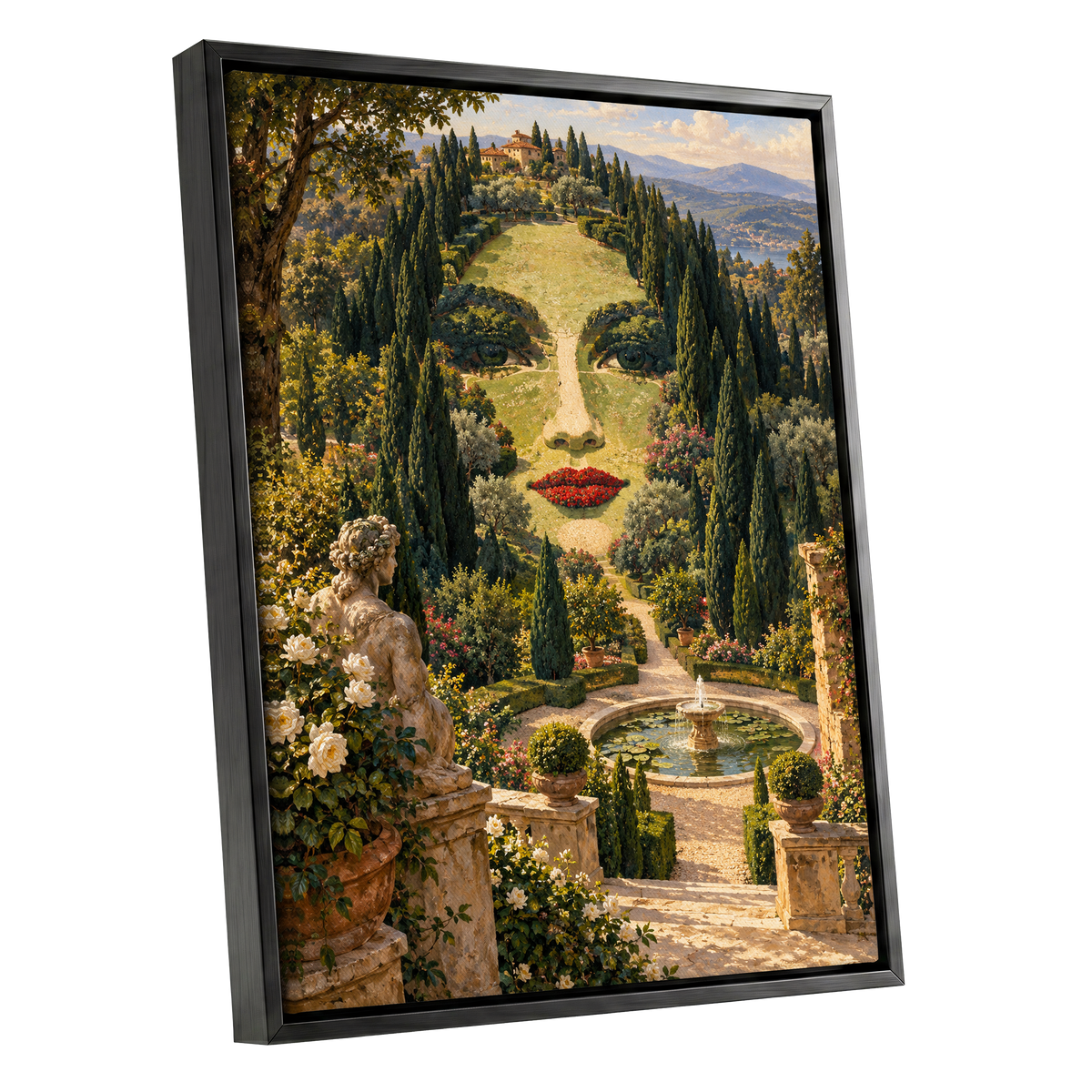 Cypress Reverie, green, beige, gold nature wall art shown as a black framed canvas wall art