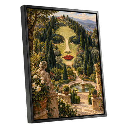 Cypress Reverie, green, beige, gold nature wall art shown as a black framed canvas wall art
