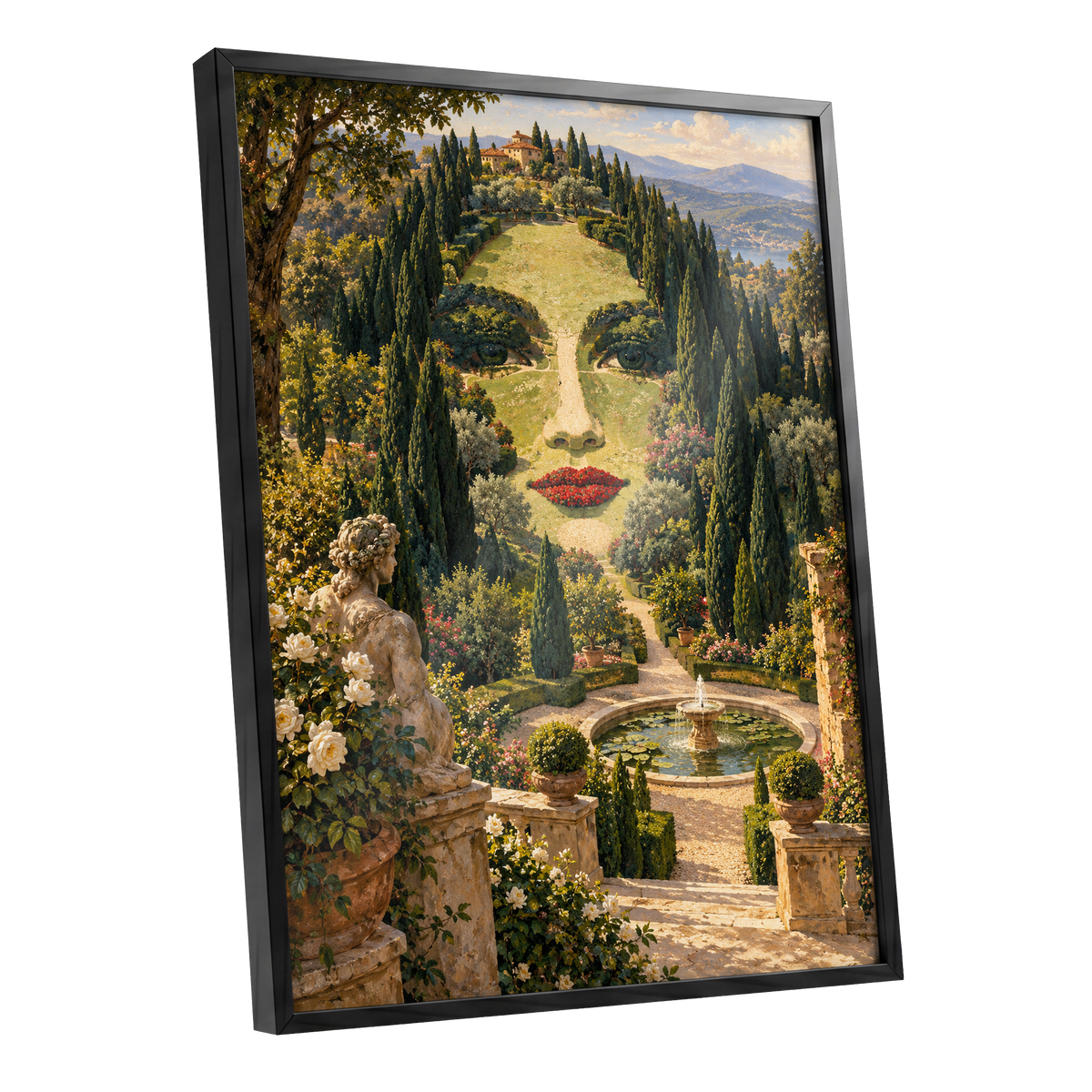 Cypress Reverie, green, beige, gold nature wall art shown as a black framed poster wall art print