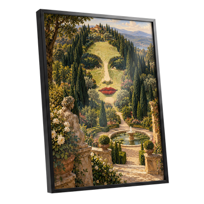Cypress Reverie, green, beige, gold nature wall art shown as a black framed poster wall art print