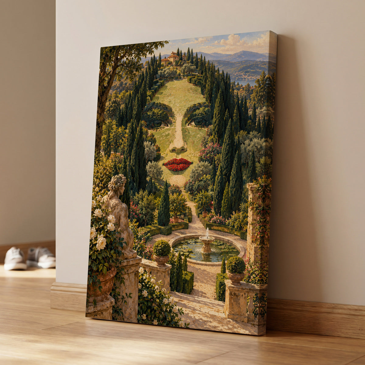 Cypress Reverie, green, beige, gold nature wall art on canvas displayed in a styled interior, gallery view 1