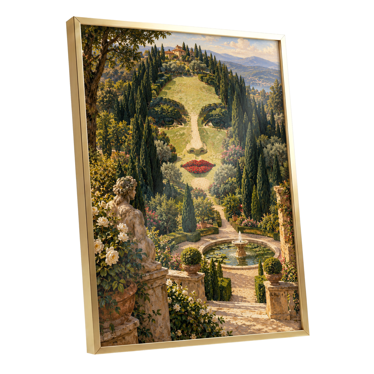 Cypress Reverie, green, beige, gold nature wall art shown as a gold framed poster wall art print