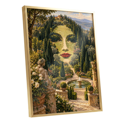 Cypress Reverie, green, beige, gold nature wall art shown as a gold framed poster wall art print