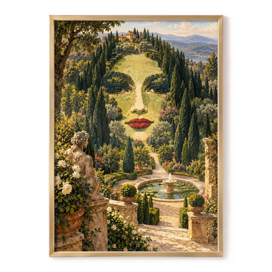 Cypress Reverie, green, beige, gold nature wall art, front artwork view