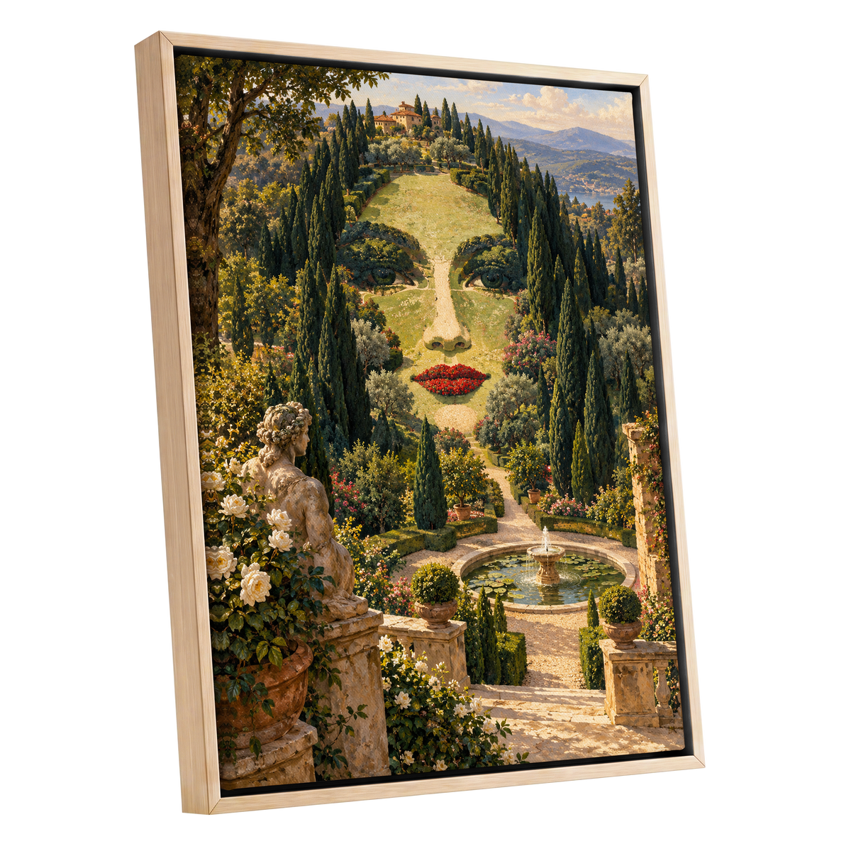 Cypress Reverie, green, beige, gold nature wall art shown as a oak framed canvas wall art
