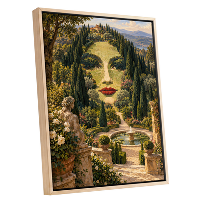 Cypress Reverie, green, beige, gold nature wall art shown as a oak framed canvas wall art