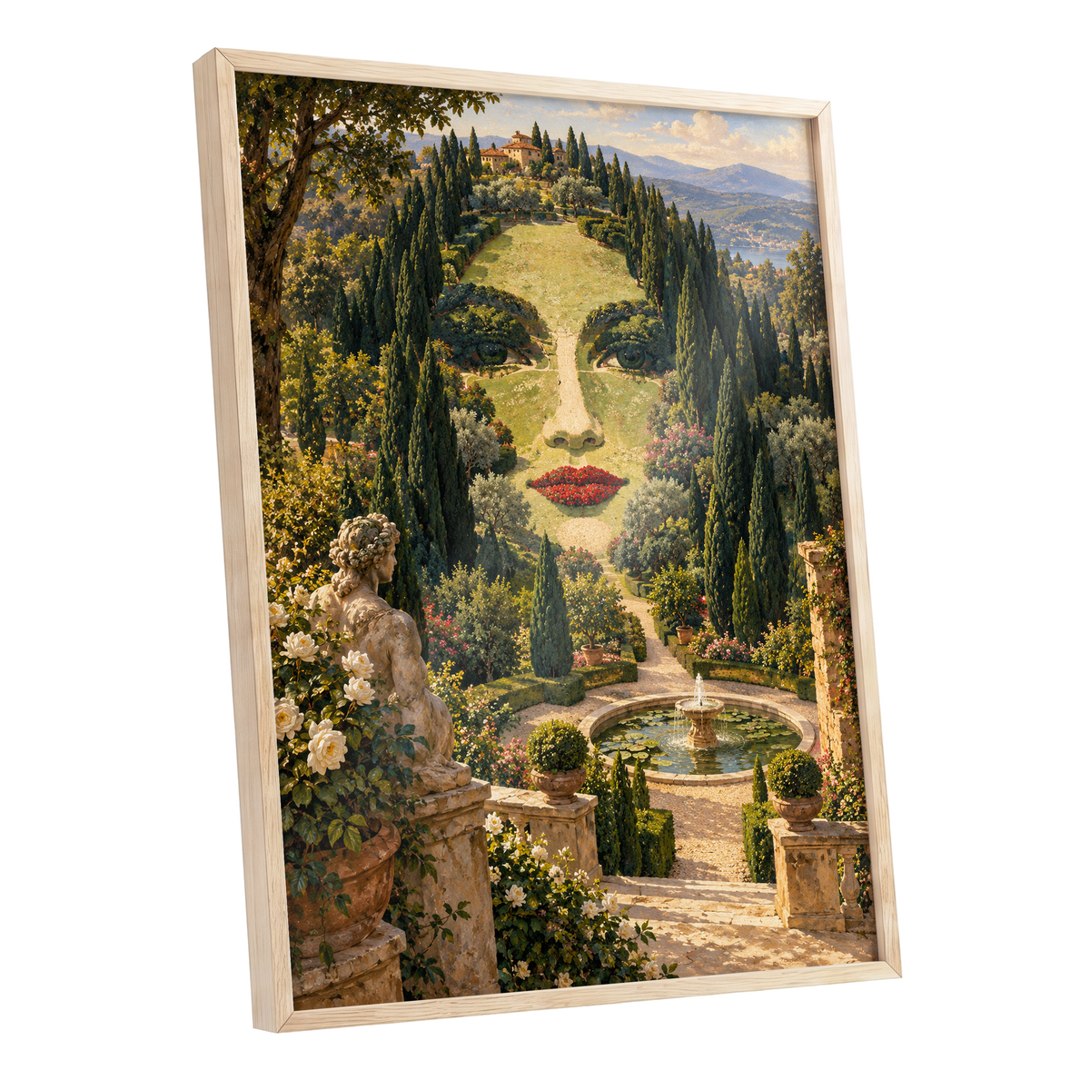 Cypress Reverie, green, beige, gold nature wall art shown as a oak framed poster wall art print