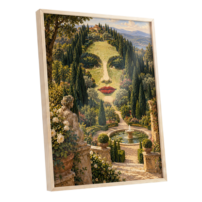 Cypress Reverie, green, beige, gold nature wall art shown as a oak framed poster wall art print
