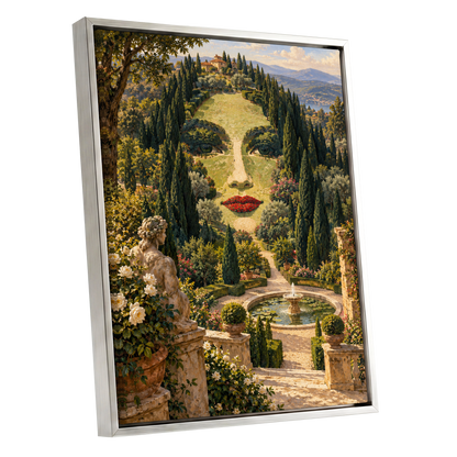 Cypress Reverie, green, beige, gold nature wall art shown as a silver framed canvas wall art