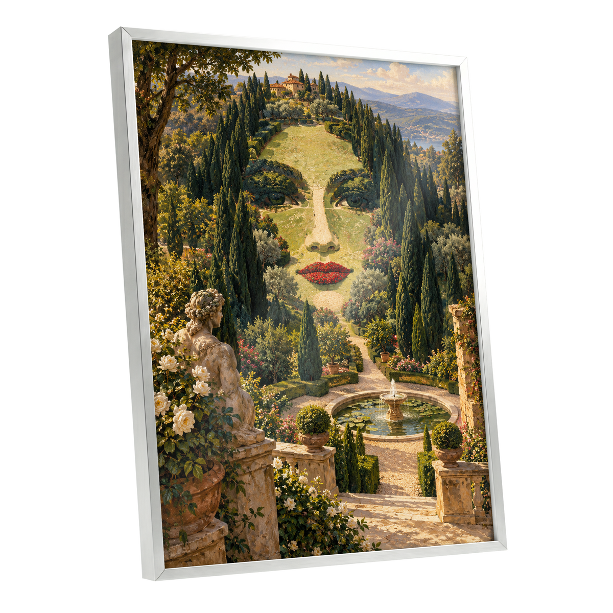 Cypress Reverie, green, beige, gold nature wall art shown as a silver framed poster wall art print